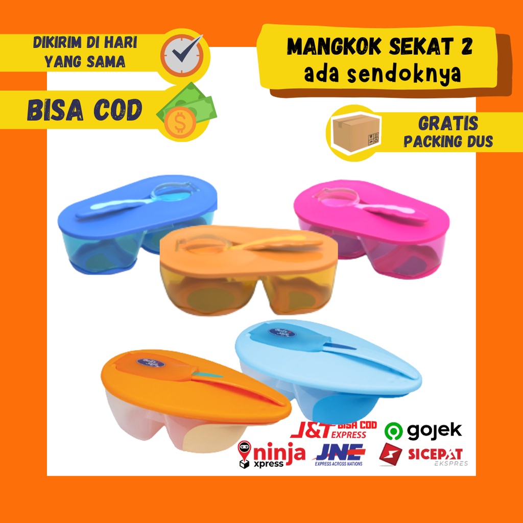 Divided Bowl With Spoon Baby Safe / Mangkok dan Sendok Makan Bayi AP010 FB001 Sendok Sensor Makan Mpasi Bayi Twin Taste Bowl Set