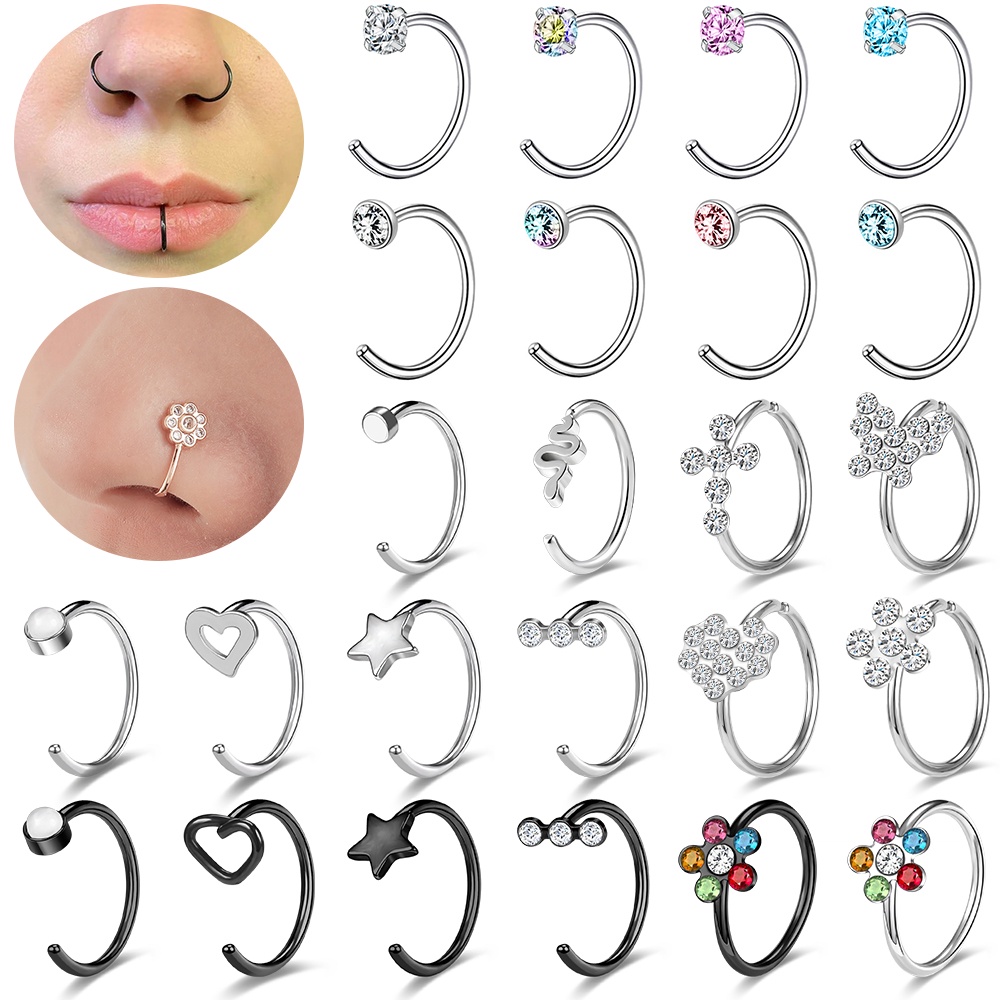1pc Anting Tindik Hidung Bentuk C Desain Bunga Butterfly Bahan Stainless Steel 20G