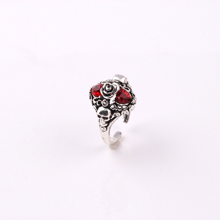 Cincin Desain Mawar Tengkorak Aksen Zirkon Merah Gaya punk hipster Eropa Amerika