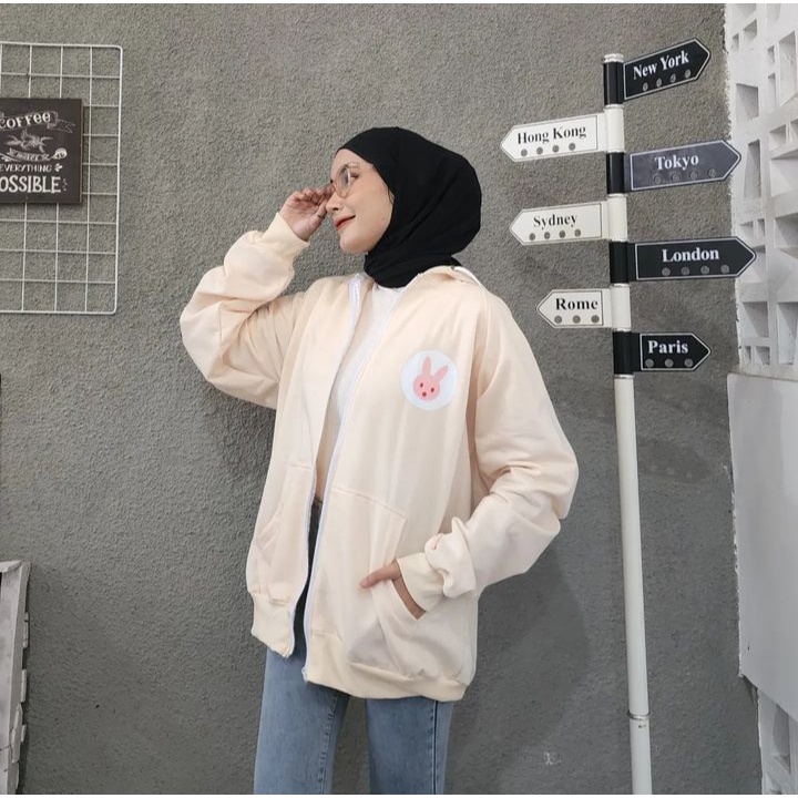 Jacket PINK RABBIT 2XL Hoodie Zipper Sweater Bigsize Wanita Oversize Kekinian OOTD Korean Fashion Terbaru