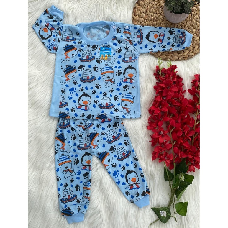 stelan baju bayi lucu pinguin kastil dasar warna setelan 3-18bulan (PP 052)