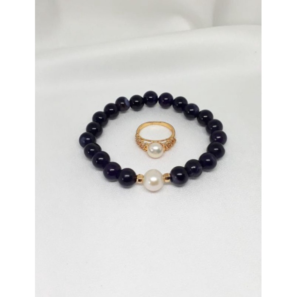 Mutiara Lombok Asli | Set cincin dan gelang batu alam kombinasi mutiara air tawar