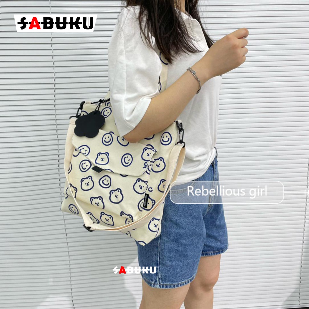 Tas Wanita Tote Bag Resleting Totebag Kuliah Cewek Kekinian Bahan Kanvas Tas Selempang SMILE -271