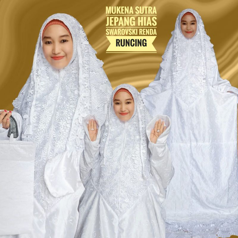Mukena Terusan Sutra Jepang Putih Renda Prada