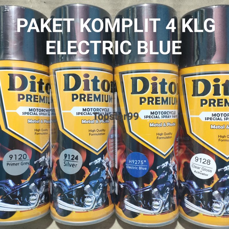 Pilok Cat Diton Premium Paket Komplit 4 Kaleng Electric Blue Biru elektrik 9275 Primer Grey 9120 Silver 9124 Clear Gloss 9128 400cc Pilox Paketan Cat Semprot Special Spray Paint