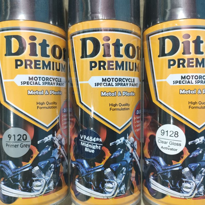 Pilok Cat Diton Premium Paket Lengkap 3 Kaleng Midnight Blue Biru Gelap V9484 Primer Grey 9120 Clear Gloss 9128 400cc Pilok Paketan Cat Semprot Special Spray Paint