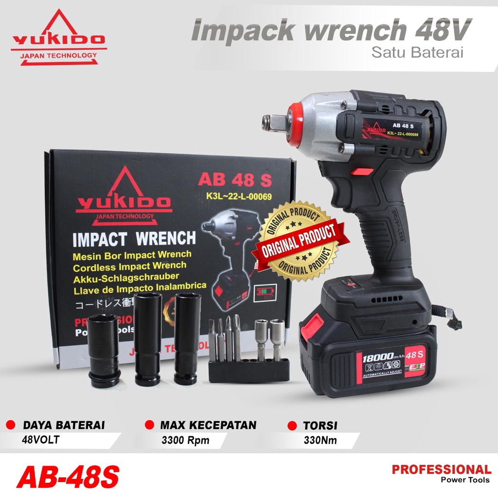 YUKIDO CORDLESS IMPACT WRENCH BRUSHLESS 330N.M IMPACT BATERAI 48V ALAT BUKA BAUTB MOTOR DAN MOBIL