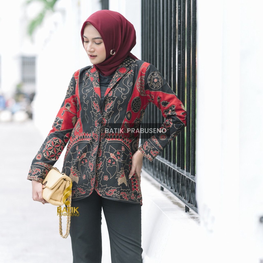 Batik Prabuseno Tunik Wanita Motif  ADHISTA Blazer Batik  Lengan Panjang Katun Premium Lapis Furing Trikot Jumbo Untuk Kerja Kantor Seragam Modern Terbaru Kekinian