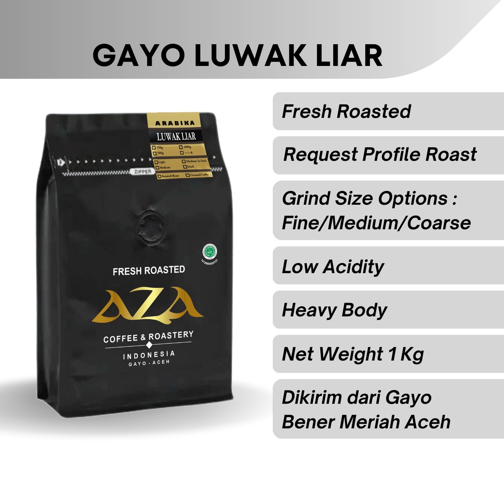 

Aza Coffee Kopi Luwak Liar Arabika Aceh Gayo Bersertifikat 1 Kg Bubuk Coffe Powder Biji Roasted Bean