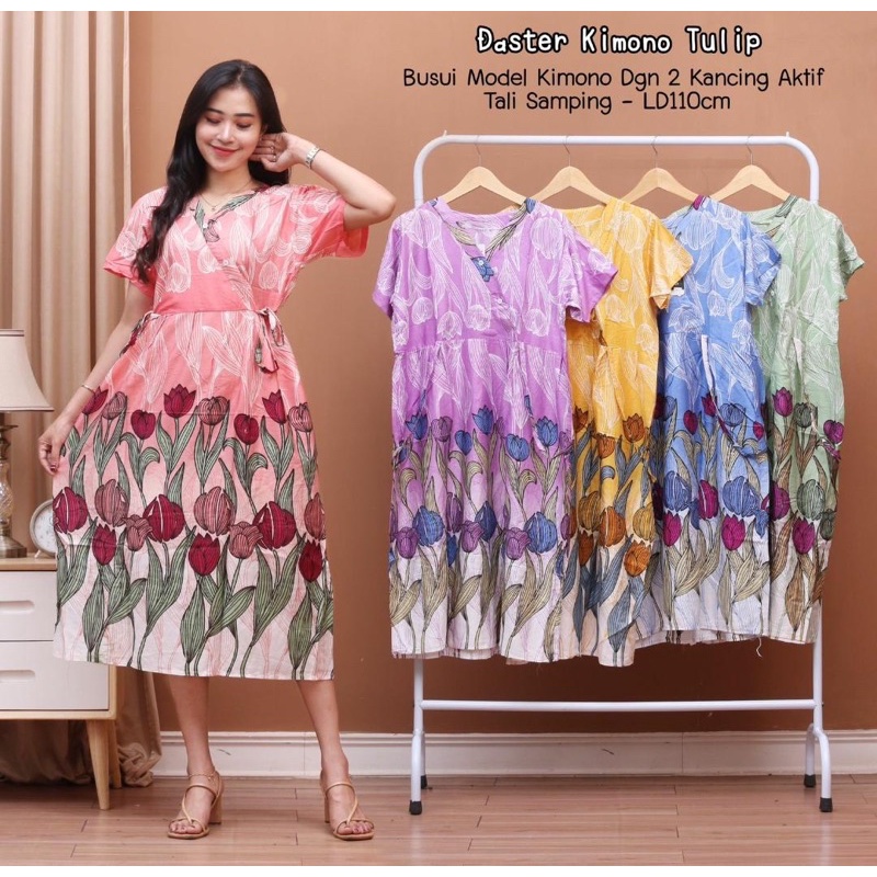 KIMONO DRESS DASTER KEKINIAN KANCING DEPAN LD 100 DASTER TALI PINGGANG MOTIF BUNGA TERBARU COD BAYAR DITEMPAT