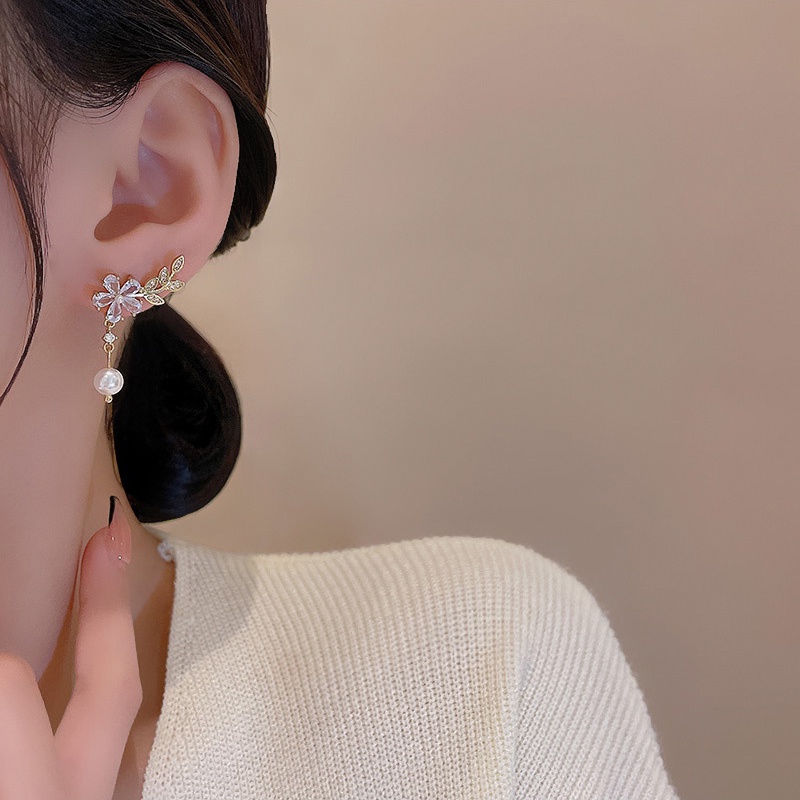 Anting Tusuk Sterling silver 925 Desain Bunga + Daun Hias Zircon + Mutiara Untuk Wanita