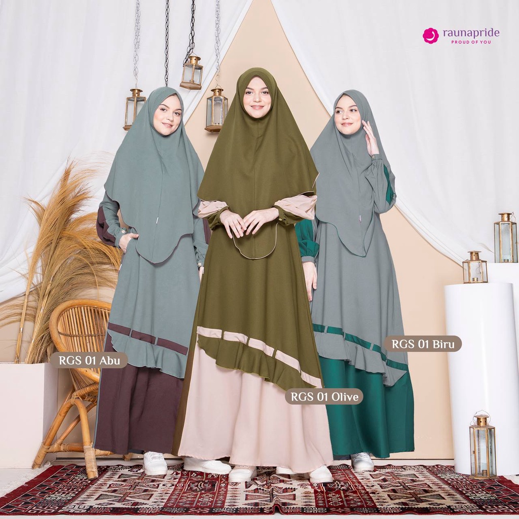 GAMIS TERBARU RGS 01 BY RAUNA / GAMIS SYAR'I SET HIJAB RGS 01 OLIVE / ABU
