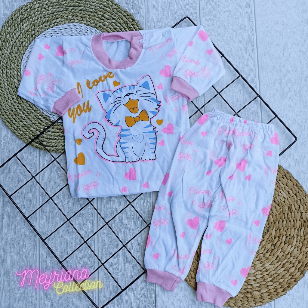 Setelan Piyama Panjang Baju Anak Usia 3-12 Bulan Motif Happy Cat Oblong Kancing Bahu