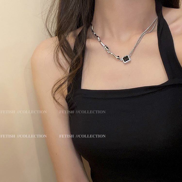 Suhao gelap hitam zirkon kalung perempuan ins cahaya mewah niche desain rasa high-end manis dan keren gadis panas rantai tulang selangka double-layer aksesoris
