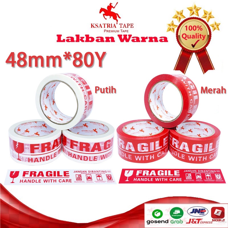 [TERMURAH] Lakban OPP Tape Lakban Fragile Merah Putih Dunia Packing 80 Yard COD stiker fragile Baran