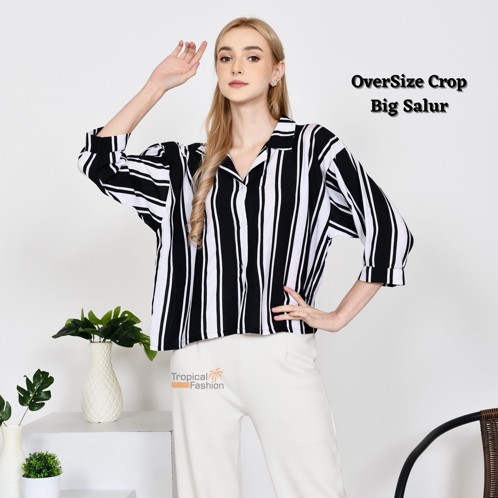 Kemeja Wanita OverSize Crop Motif BIG SALUR Garis Terbaru Kekinian l Cwek Style Korea