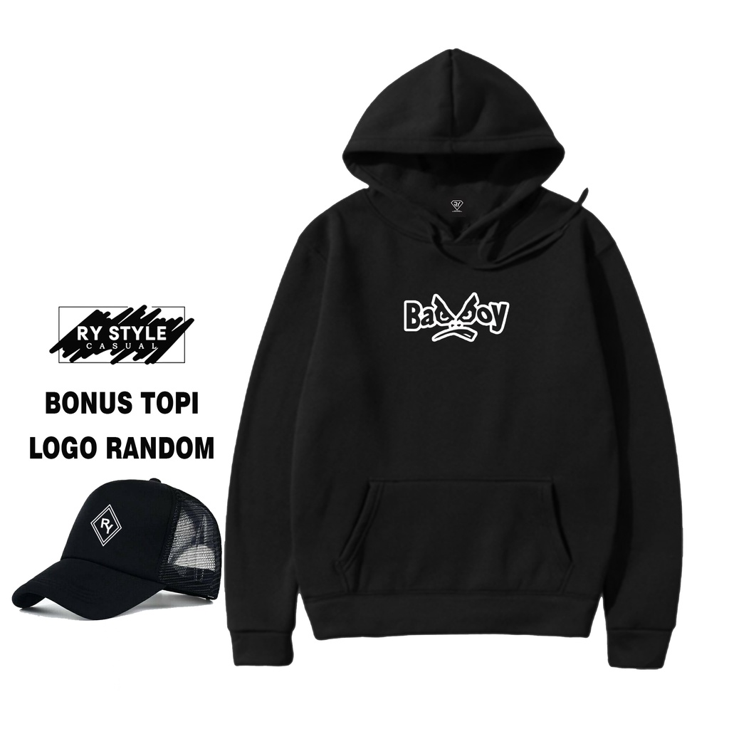Ry Style - Jaket Hoodie BadBoy Motif Putih + Topi Random  - Bonus Topi Ry - Hoodie Pria Dan Wanita -