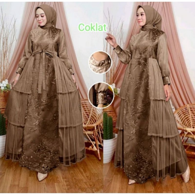 Gamis Baru Maxi LARA /Gamis Brukat Tile Mutiara Premium / Saten Velvet kombinasi Tile  Polos