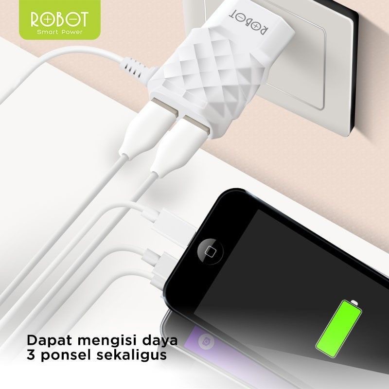 ROBOT RK-5 DIAMOND POWER CHARGER MICRO USB 2.1A DUAL PORT USB SMART CHIP MULTI PROTECTION