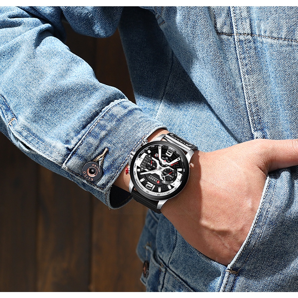 CURREN Merek Mewah Jam Tangan Pria Kulit Automatic Date Quartz Jam Tangan Pria Tahan Air Jam Olahraga