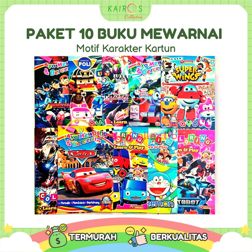 Buku Edukasi Isi 10 Mewarnai Anak Motif Karakter Kartun