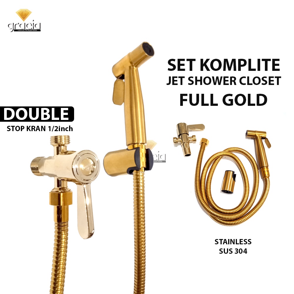 1 Set Shower Jet Washer Gold Stainless SUS 304 Bidet Cebok Kloset Closet WC Kamar Mandi + Stop Kran Double Cabang 2 Sambungan Selang 1/2 inch