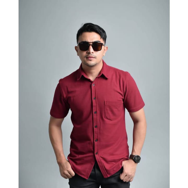 Kemeja Polos Lengan Pendek Pria Putih Merah Maron Hitam Navy Biru Dongker Kerah Shanghai Ciangi Slim