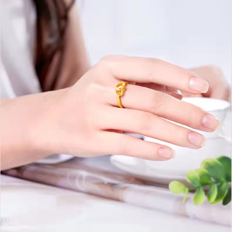 Cincin Model Terbuka Adjustable Desain Hati Ganda Warna Emas Gaya Elegan Untuk Wanita