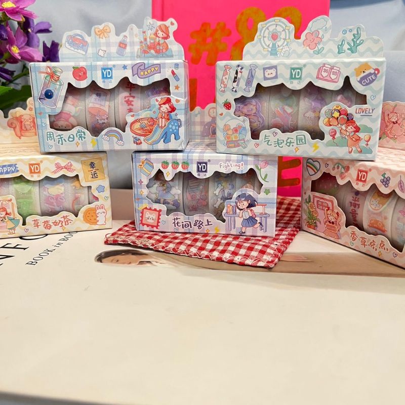 

5 Pcs washi tape stiker /5 roll Label Sticker Aesthetic set sticker YD- 5 RMS karakter label stiker tempel lucu mainan unik gift kado atk fancy murah bisa cod