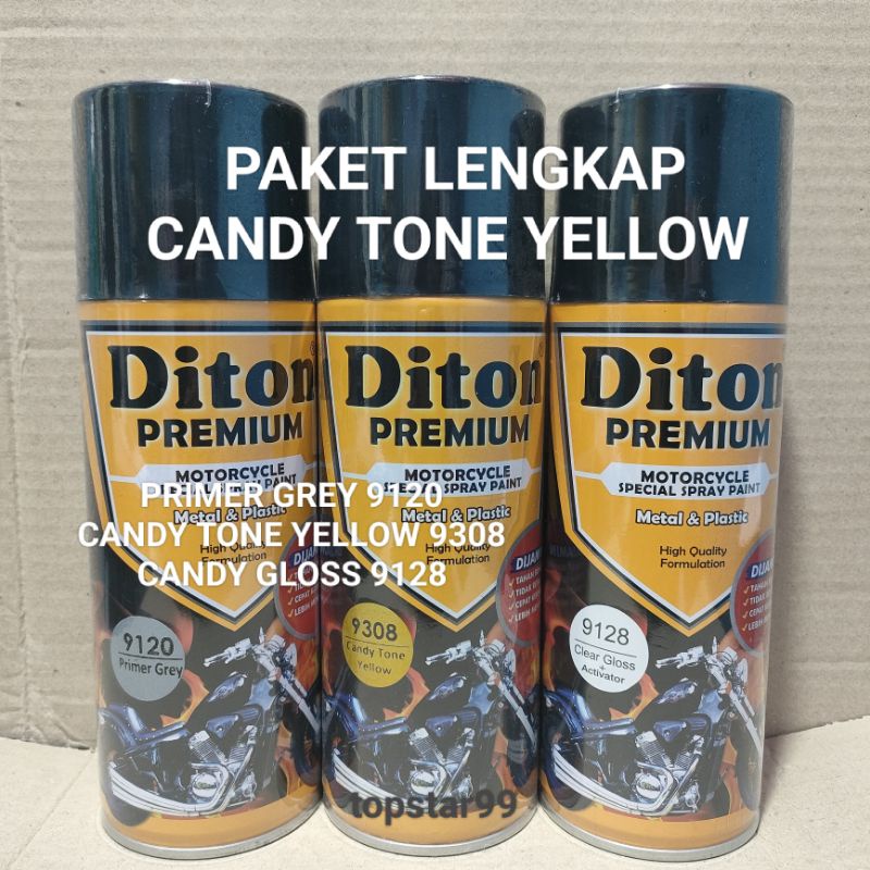 Pilok Cat Diton Premium Paket Lengkap 3 Kaleng Candy Yellow Candi Tone Kuning 9308 Primer Grey Epoxy 9120 Clear Gloss 9128 400cc Pilok Paketan Cat Semprot Special Spray Paint