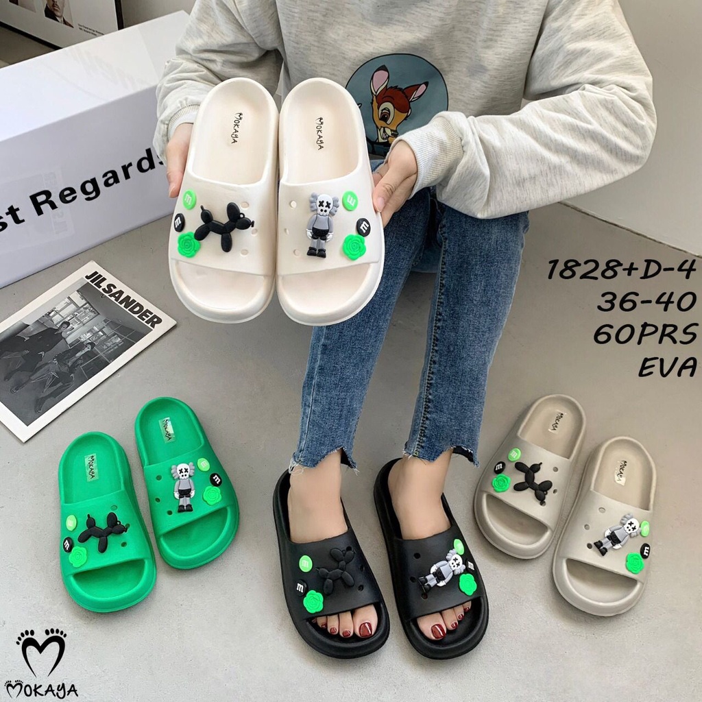 Sandal Slop Wanita Wedges Eva Fuji Viral Platform Tebal Motif Lucky Bear &amp; Kaws Balon Pizza Super Lucu Trendy Cantik Import Mokaya / Size 36-40 (1828+D-1/1828+D-4)