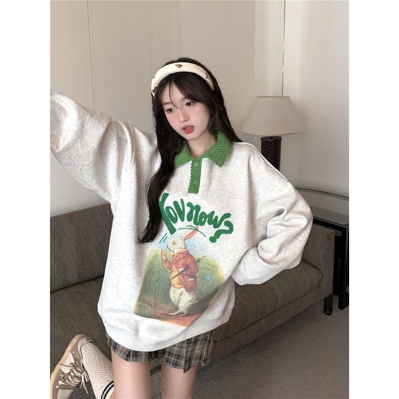 Kaos Polo Katun Murni Sweater Gadis Pelajar Versi Korea Longgar Kelinci Cetak Huruf Bordir Beberapa Atasan Lengan Panjang