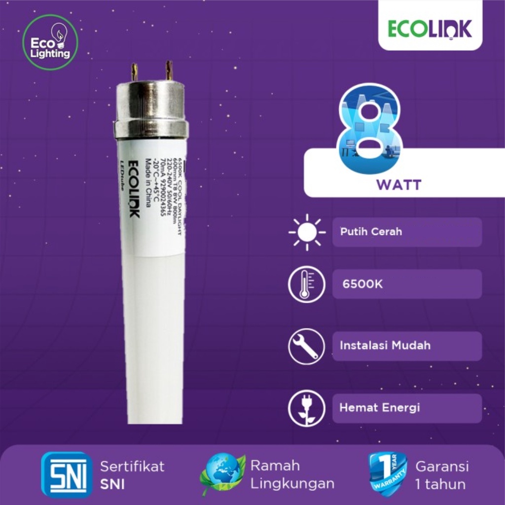 ECOLINK Lampu Neon 60cm 8W LED Tube 8Watt 8 Watt - 6500K Cool Daylight Putih