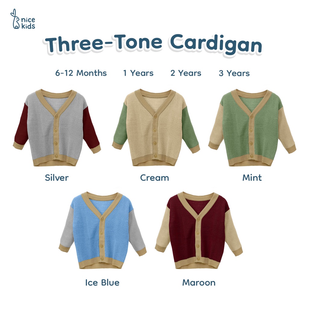 Nice Kids - Knit Cardigan Baby Winter Three Tone Unisex Kardigan Baju Hangat Bayi (6-12 Bulan - 4 Tahun)