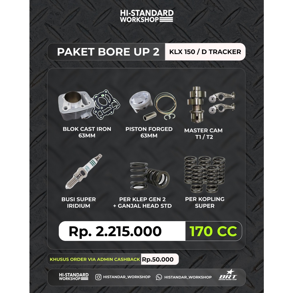 (KLX 150/D-TRACKER) PAKET BORE UP 2 FULL BRT  MASTER CAM  BUSI IRIDIUM  PER KOPLING BLOK CASTING 63 