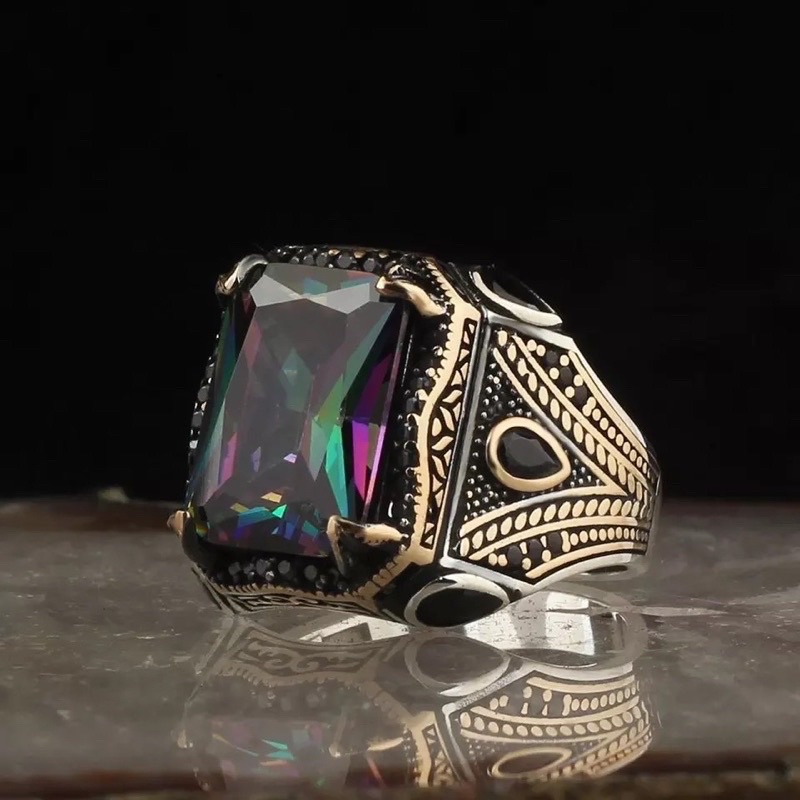 Cincin Pria Batu Mystic Rainbow Mistik Quartz Ring Gaya Turki