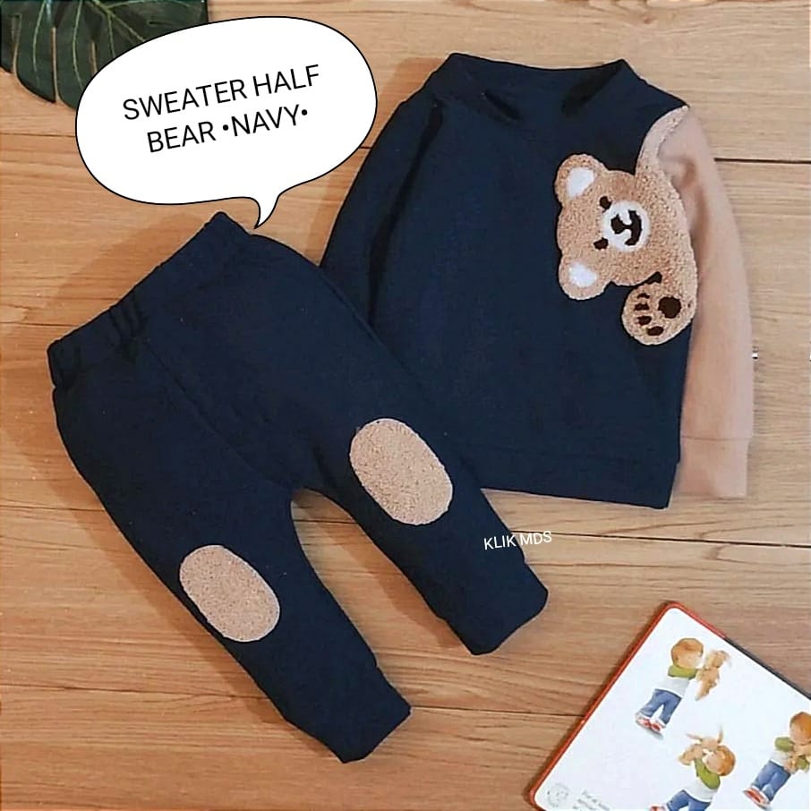 Setelan Anak Cowok - Baju Bayi Laki - Laki Model Sweater Tangan Panjang Celana Panjang Motif Half Bear Usia 6 Bulan-3 Tahun