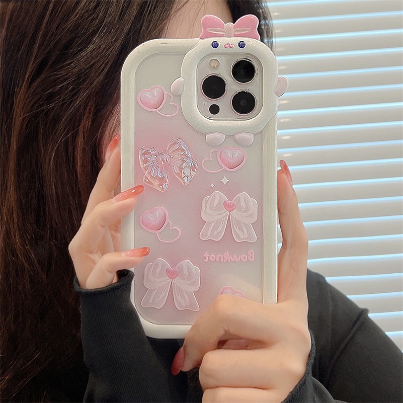 Soft Case Pelindung Lensa Bahan Silikon Tahan Banting Aksen Pita Pink Untuk iPhone 14 13 12 11 Pro Max X Xr Xs Max 7 8 6s Plus