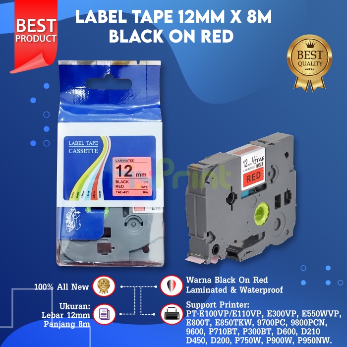 Compatible Label Tape Laminated TZE-431 12mm X 8m Black On Red Cassette Printer Bro PT-E300 PT-E550 PT-P710BT PT-P300 PT-D210 PT-P750W PT-P900W