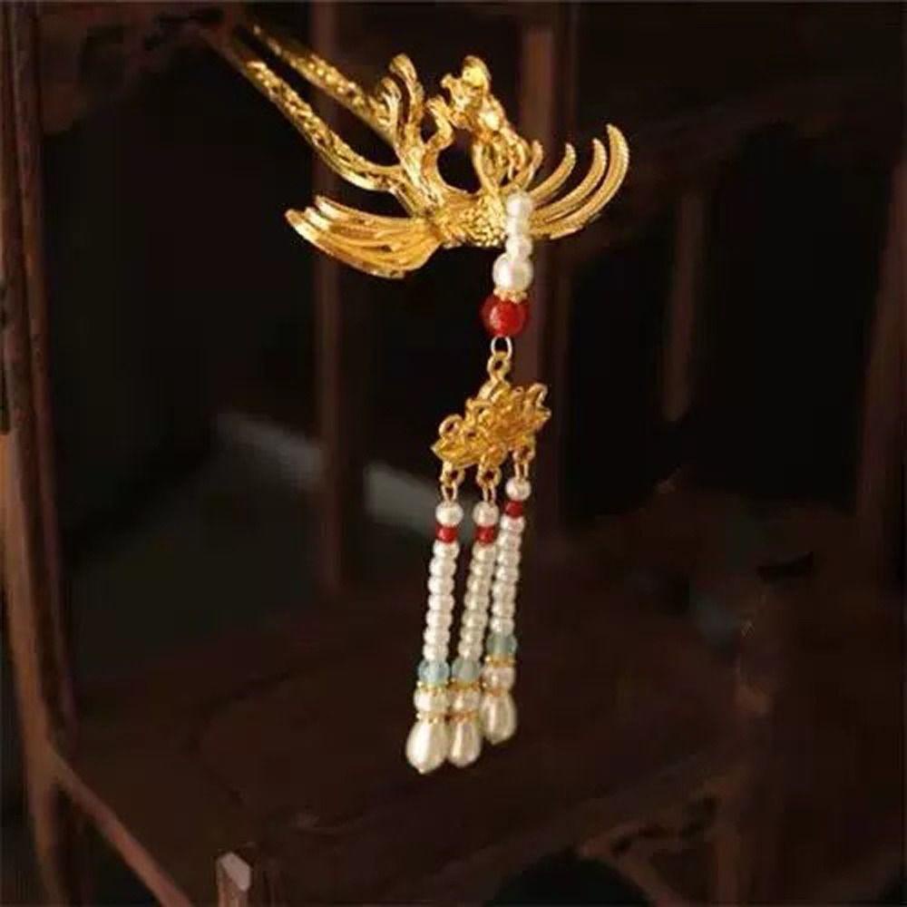 Agustina Wanita Hanfu Jepit Rambut Untuk Gadis Bulang Retro Mutiara Bridal Bunga Burung Rumbai Rambut Cina Garpu