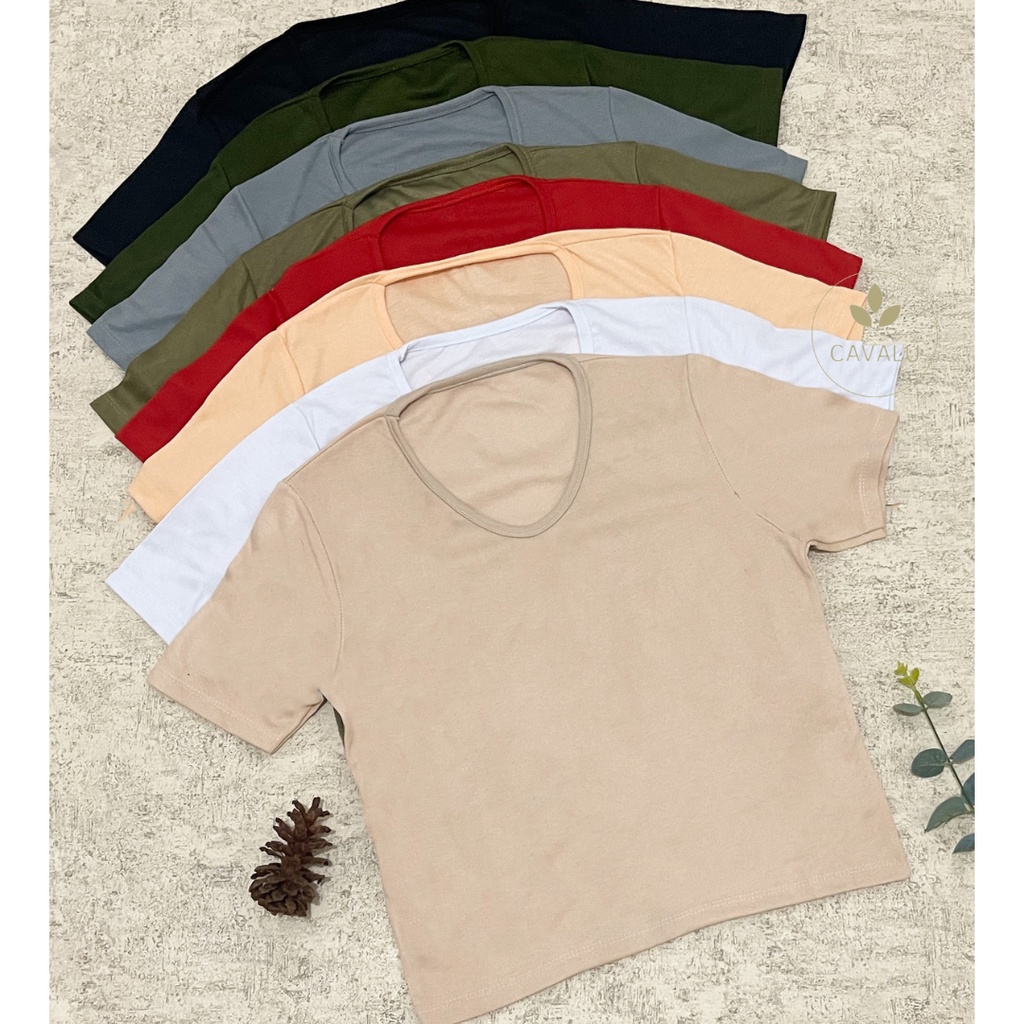 CAVALU Kaos Polos V neck Wanita Korean Top Blank Tshirt Basic Tee PE08