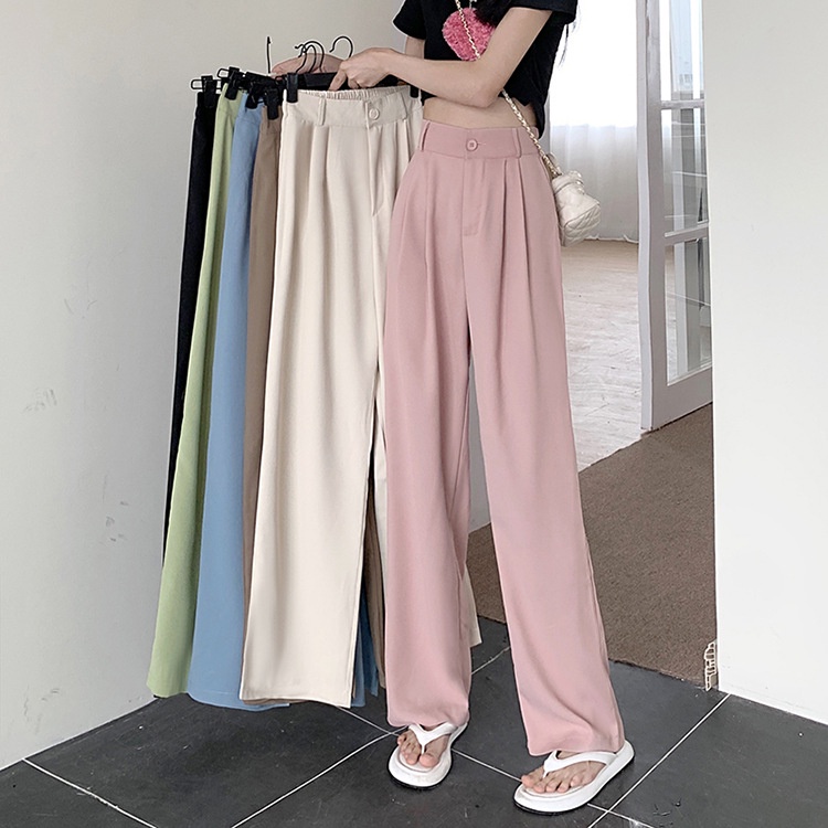 High Waist Drape Simple Longgar Lurus Kasual Celana Untuk Wanita 3 Warna