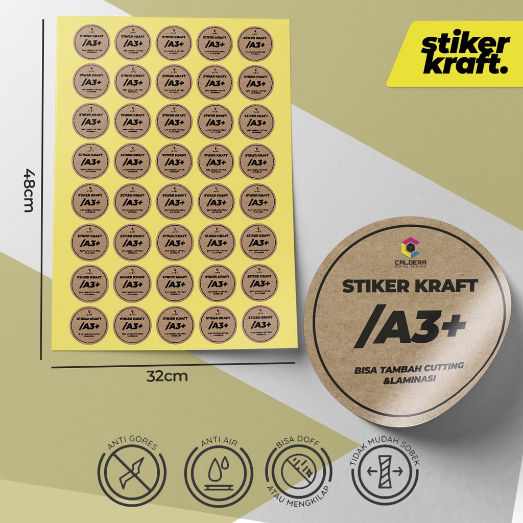 

Cetak / Print Stiker Label Kraft Custom per A3+ bisa Kiss Cut & Laminasi - Custom Sticker Print - CALDERA DIGITAL PRINTING