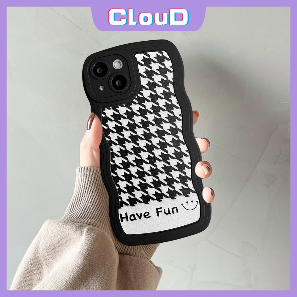 Casing Cute Smiley Soft Tpu Case Redmi Note11 11s 9pro 9s 10s 10 Note 11 10 Pro Max Plus Note8 Note9 Redmi A1 9 10 9T 10A 10C 9A 9C NFC Motif Houndstooth Wavy Edge Black Cover