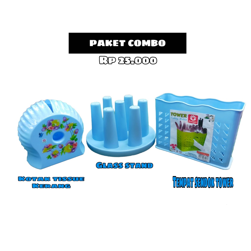 Paket combo tempat tissue kerang, tempat sendok tower, glass stand