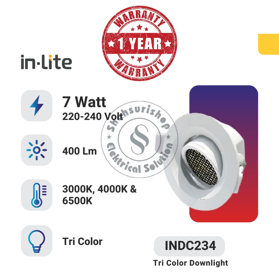 IN-LITE INDC234 LAMPU SPOTLIGHT LED 7 WATT 7W SLIM DOWNLIGHT TRICOLOR