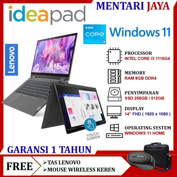 Lenovo ideapad flex 5i i3 1115G4 8GB 512GB ssd 14 Full HD Windows 11 Laptop 2 in 1 Touchscreen Terbaru