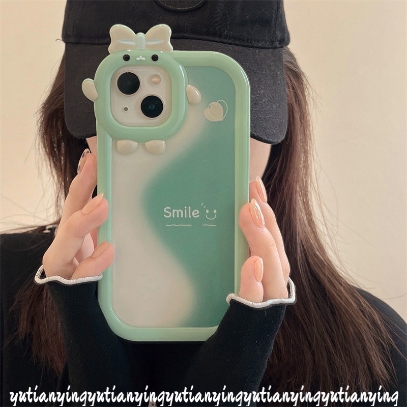 Wave Green Splicing Cartoon Cute Smile Phone Case Compatible for IPhone XR 7 8 6 6S Plus 14 Plus 11 12 13 14 11 Pro Max X XS MAX SE 2020 3D Little Monster Lens Soft Back Cover