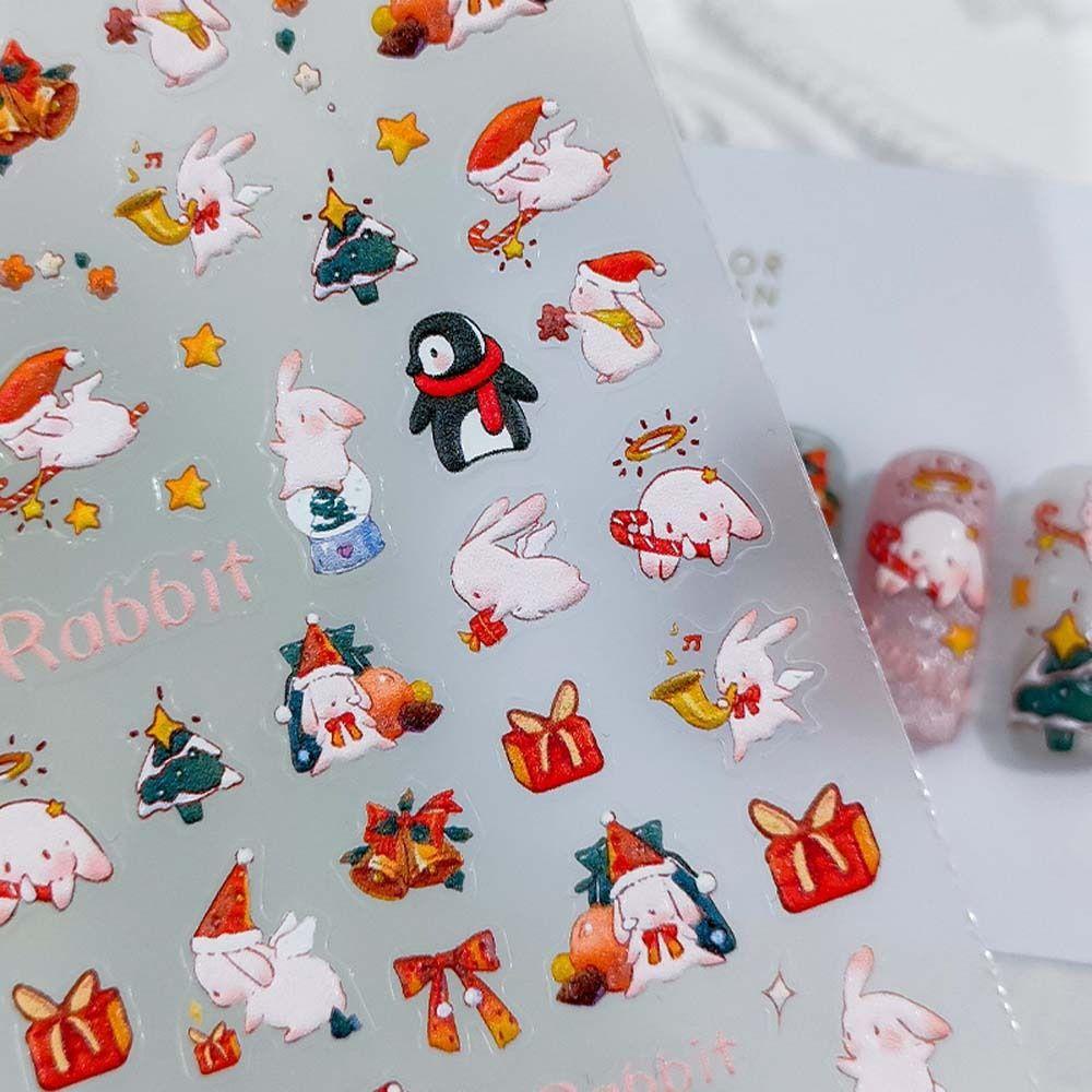 AUGUSTINA Agustinina Stiker Kuku Natal Motif Kotak Relief Lonceng Elk Santa Claus Snowman Nail Art Dekorasi