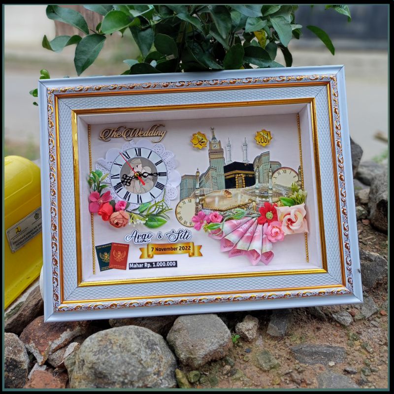 Bingkai Mahar Pernikahan Pengantin Siluet 3D Jam Aktif Bingkai Figura Foto Mahar Rustik